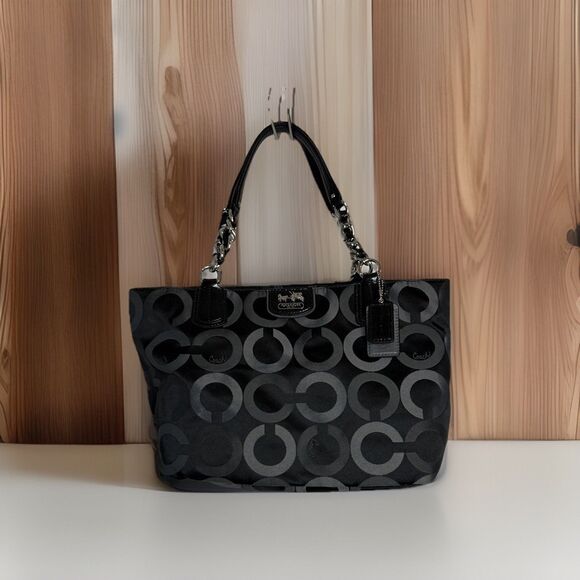 Coach Black Signature Nylon Mia Opaque Chain Tote Handbag Purse With 2 Hangtags - Picture 1 of 15